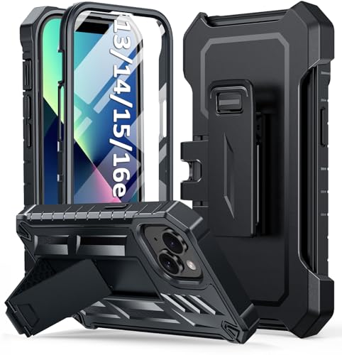 SOiOS for iPhone 13/14/15 Phone Case with Belt Clip and Kickstand, Black