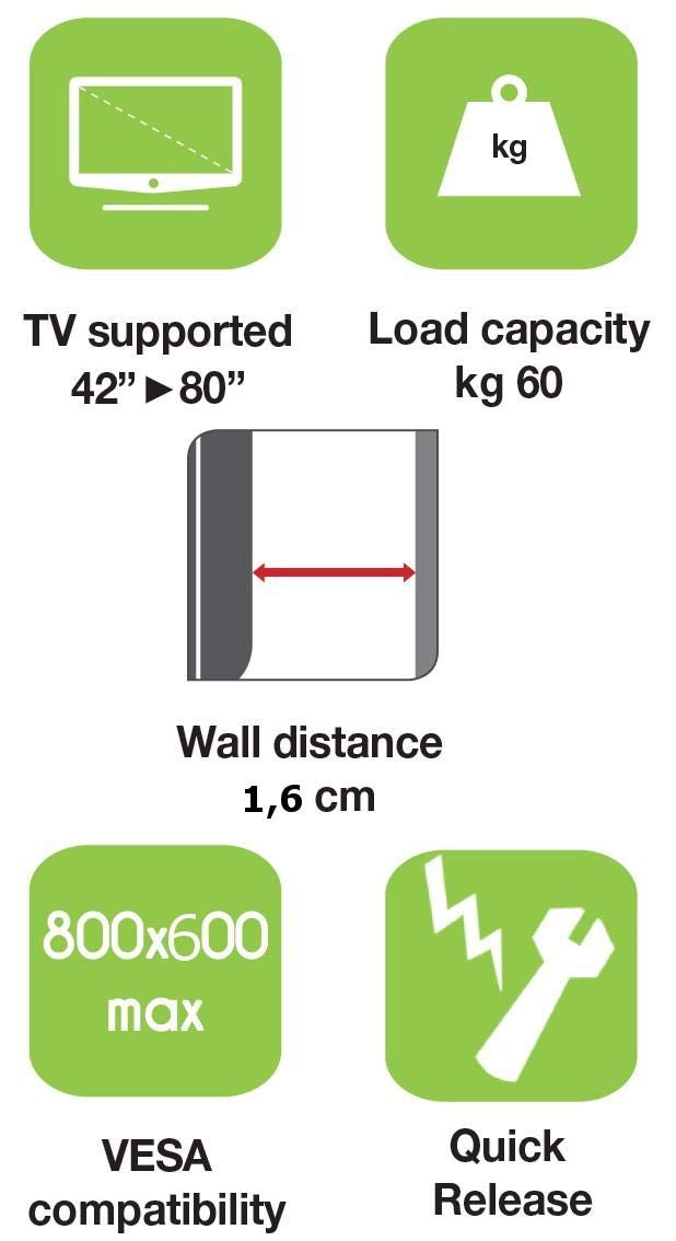 Techly 022649 Supporto a Muro per TV LED LCD 42-80" Ultra Slim Fisso H600mm Nero