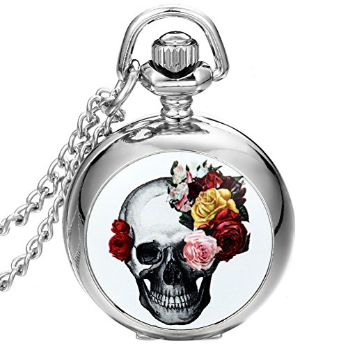 JewelryWe Montre de Poche Quartz Fleur Rose Tête de Mort Crâne Gothique Diable Rétro Pendentif Collier Alliage Fantaisie pour Femme Couleur Argent avec Sac Cadeau