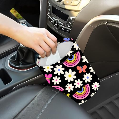 Image of Car Trash Bag Rainbow and Flowers Waterproof Trash Small Car Can Portable Collapsible Car Garbage Can Hanging for Back Seat Floor or Hanging Headrest Car Decor Road Trip Essentials
