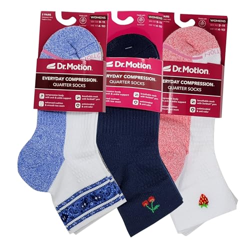Image of Dr. Motion Compression Quarter Socks For Women With Enhanced Cushion And Breathable Arch Support 6 Pairs