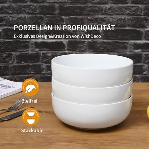 WishDeco Große Suppenschalen 3er Set, Salatschüsseln 1100ml, Servierschüssel Weiß, Nudelschüsseln Porzellan, Schüssel Set Keramik für Ramen, Obst, Dessert, Müsli 5