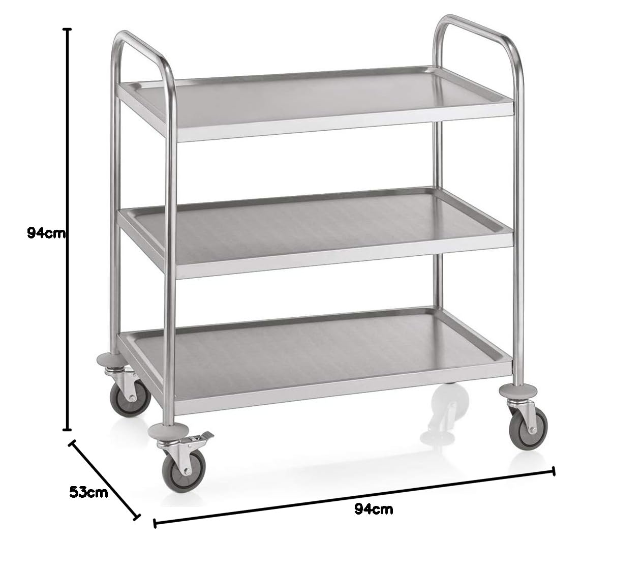 WAS 1950 003 - Carrello da servizio in acciaio INOX, 4 ruote orientabili con paracolpi, 3 bordi, distanza 25,5 cm, lunghezza 85 cm, larghezza 54 cm, altezza 94 cm