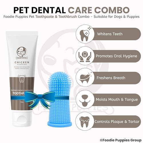 Image of Foodie Puppies Pet Dental Oral Care Combo of Toothbrush and Toothpaste - (Silicone Toothbrush + Chicken Toothpaste, 100gm) Enriched with Baking Soda Soothes Inflame Gums and Finger Brush
