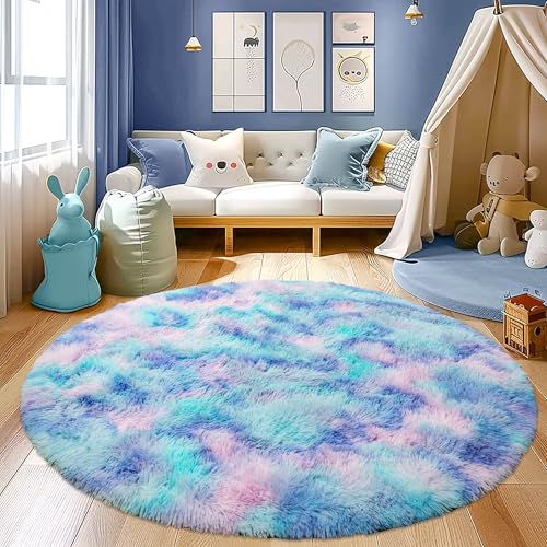Fluffy Tie-dye Blue Circle Rug - 4FT Super Soft Plush Shaggy Carpet for Kids' Room