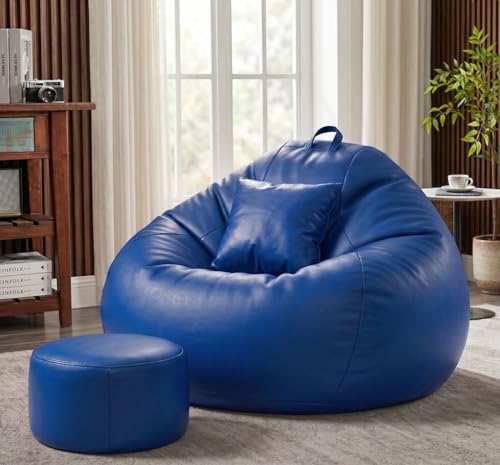 Image of Sattva Classic 5XL Bean Bag Chair with Beans Filled | Sofa Style Faux Leather Beanbags with Footstool & Cushion | Comfortable Bin Bags Sofa for Adults & Teens, Living Room & Office | Royal Blue