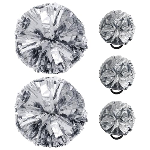 Hooshing 5PCS Cheerleading Pom Poms Silver with Cheerleader Hair Ties Poms for Sports Spirits Adults Basketball Football Birthday Performance