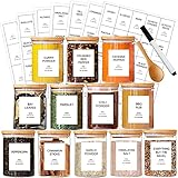 GPOVVIMX 12 Pcs Glass Spice Jars with Bamboo Airtight Lids and 191 Labels - 8.5oz Small Food Storage Containers for Kitchen, Seasoning, Coffee, Herb - Spoon and Marker Included