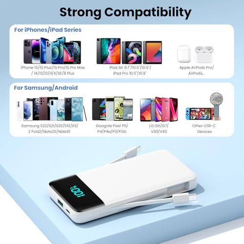 Image of Portable Charger Power Bank for iPhone with Built-in Cables and AC Wall Plug, 13800mAh Ultra Slim Travel Essentials,USB C Fast Charging External Battery Pack for iPhone 17 /16 /13,Galaxy,Android-White
