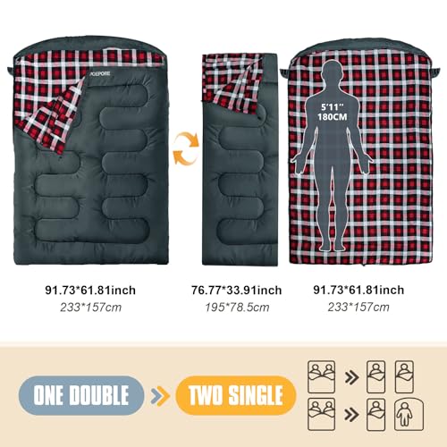 Image of Double Sleeping Bag Flannel for Adults with 2 Pillows 2 Person Sleeping Bags Camping XXL Queen Size Two Person Sleeping Bag for Cold Weather