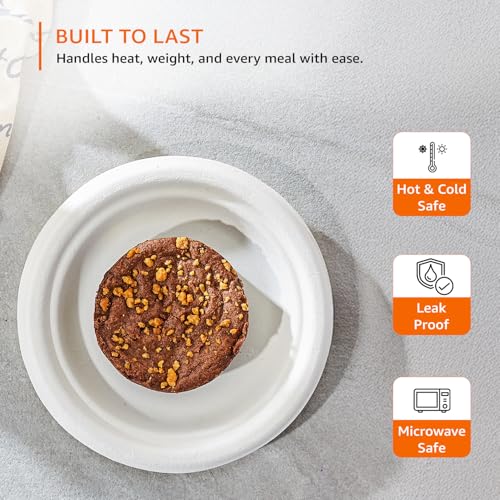 Image of Amazon Basics Bagasse Disposable Round Plates | 6 Inch - Pack of 50 | Biodegradable | Leak-Resistant | Hot & Cold Food Safe | Eco-Friendly | Party, Weddings, Birthdays, Events, Travel Plates