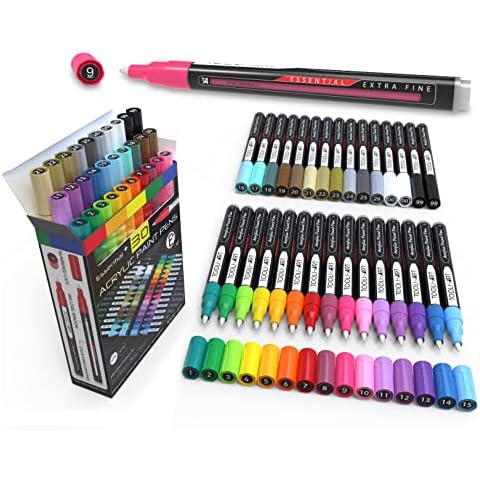 Paint Pens Acrylic Markers 30 Set 0.7mm Extra Fine Tip for Rock Painting, Vibrant, Waterproof, For Canvas, Mugs, Metal, Fabric, Wood, scrapbooking Most Surfaces. Non Toxic, Water-based, Quick Drying Cover