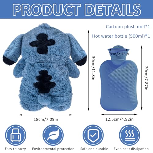 Fluffy Wärmflasche, Sti-tch Wärmflasche, Wärmf-lasche Kuscheltier, Cartoon Heißwasserflasche für Kinder, Hot Water Bag, Herausnehmbarer Innenbehälter, Handwärmer für Kinder & Erwachsene (Blau)