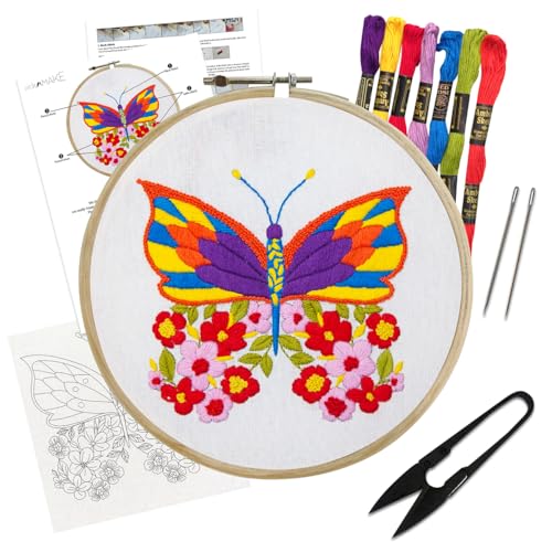 Image of picknMAKE Cross Stitch Embroidery Kit For Beginners & Adult, Featuring A Butterfly With Colourful Floral Wings, Printed Fabric, Instructions Papers, Threads & Needles All Materials Included,Multicolor