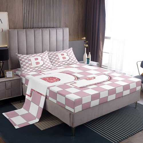 Image of Erosebridal Pink Initial B Bed Sheets Queen Kawaii Plaid Checkered Sheet Set Cute Personalized Monogram Bedding Set for Kids Girls Teen Women,Fashion Grids Gingham Fitted Flat Sheets 4 Piece