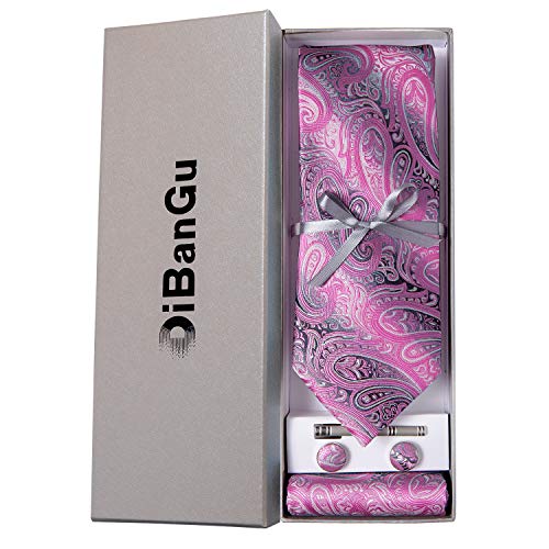 Image of DiBanGu Paisley Ties for Men Silk Necktie and Pocket Square Cufflinks Tie Clip Set Woven Classic Mens Tie for Wedding Party