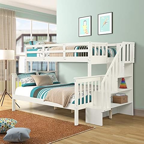 Rockjame Twin Over Full Bunk Bed, Wood Bed Frame with Stairway and Safety Guard Rail, Convertible to Separate 2 Beds, Bedroom Furniture (White) Cover