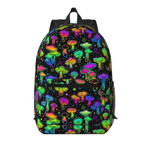 Colorful Neon Mushrooms Fashionable Daypack 17 Inches Zippers Backpack Double Shoulder Bag for Women Men