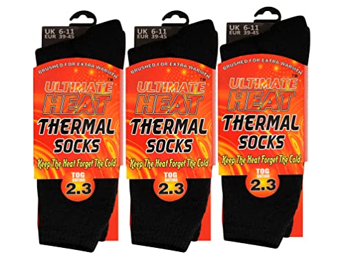 Heat Stoke®️ Pack of 3 Mens Thermal Plain Socks for Winter Thick Warm Fluffy Insulated Socks BLACK, UK(6-11) EU(39-45)