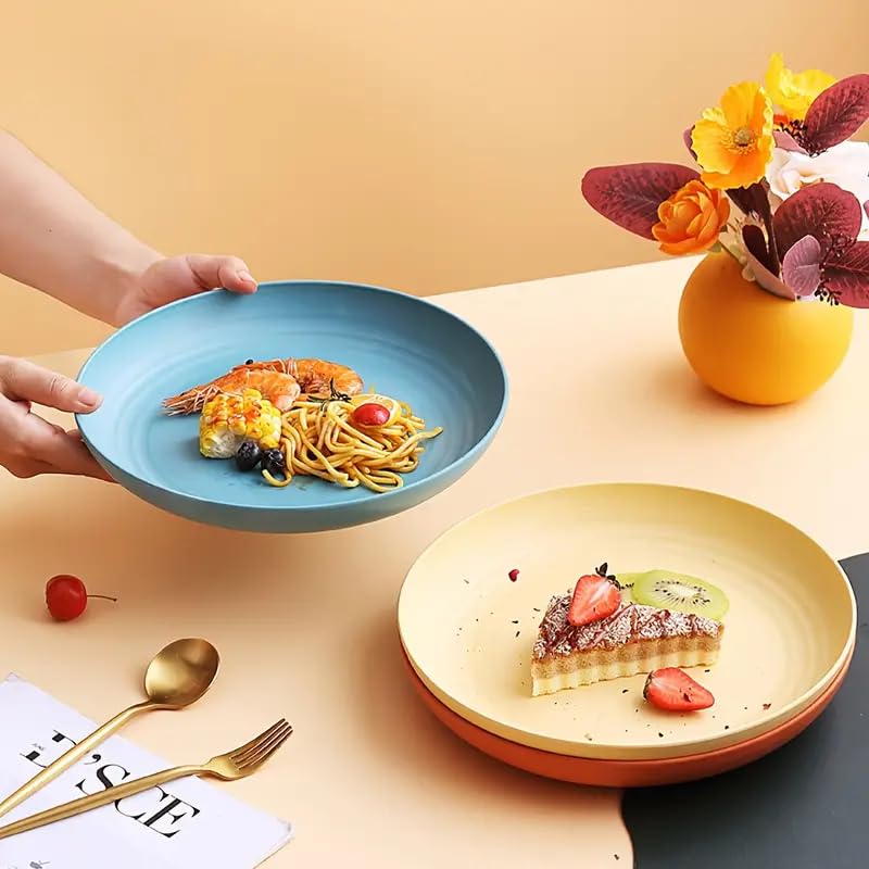 Image of Wheat Straw Plates Set of 4 | Unbreakable Dinner Plates | Lightweight Reusable Serving Plates | Microwave & Dishwasher Safe | Multicolor Stackable Tableware - 20cm