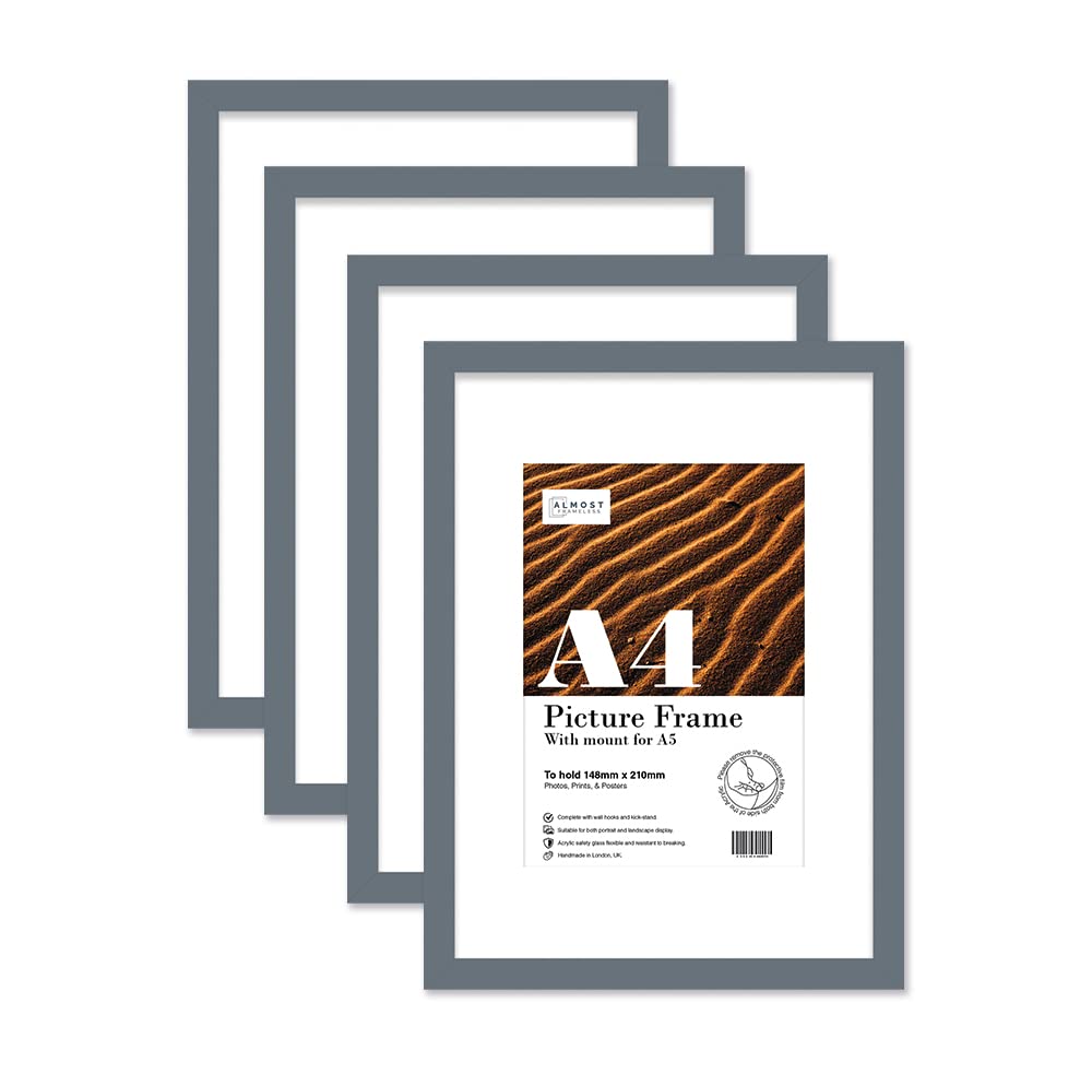 Almost Frameless A4 Grey Picture Frame Set of 4, Display A5 Pictures with Mount or A5 Without Mount Gallery Wall, Poster, Photo, Artwork, or Print, Grey