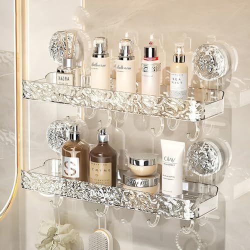 Image of Wall Mounted Bathroom Storage Rack with Suction Cups - Double Shelf with Hooks - Transparent & Patterned Front Design (2)