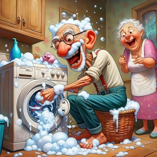 Cosmiyo 5D Diamond Art Kits for Adults, Funny Old Couple Full Drill Round Rhinestone Diamond Painting Canvas, Cute Cartoon Laundry Room Wall Decor, Quirky Gifts for Grandparents, 12x12in