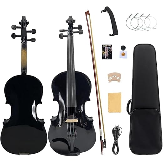 Yinfente Violín eléctrico acústico 4/4 de tamaño completo, 4 cuerdas, abeto de arce para estudiantes, violín para principiantes, arco de madera de Brasil, cable, paño de limpieza, colofonia (negro)