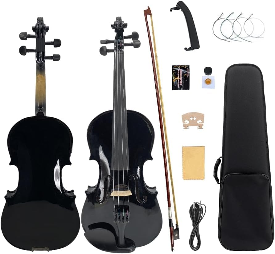 Yinfente Violín eléctrico acústico 4/4 de tamaño completo, 4 cuerdas, abeto de arce para estudiantes, violín para principiantes, arco de madera de Brasil, cable, paño de limpieza, colofonia (negro)