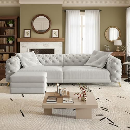 Image of KCGKCG 97.7 inch Sleeper Sofa Bed, Velvet Sectional Couches for Living Room /Bedroom, 3 in 1 Pull Out Couch Bed, Convertible Sectional Couch loveseat Sofa with Movable Ottoman, Light Grey