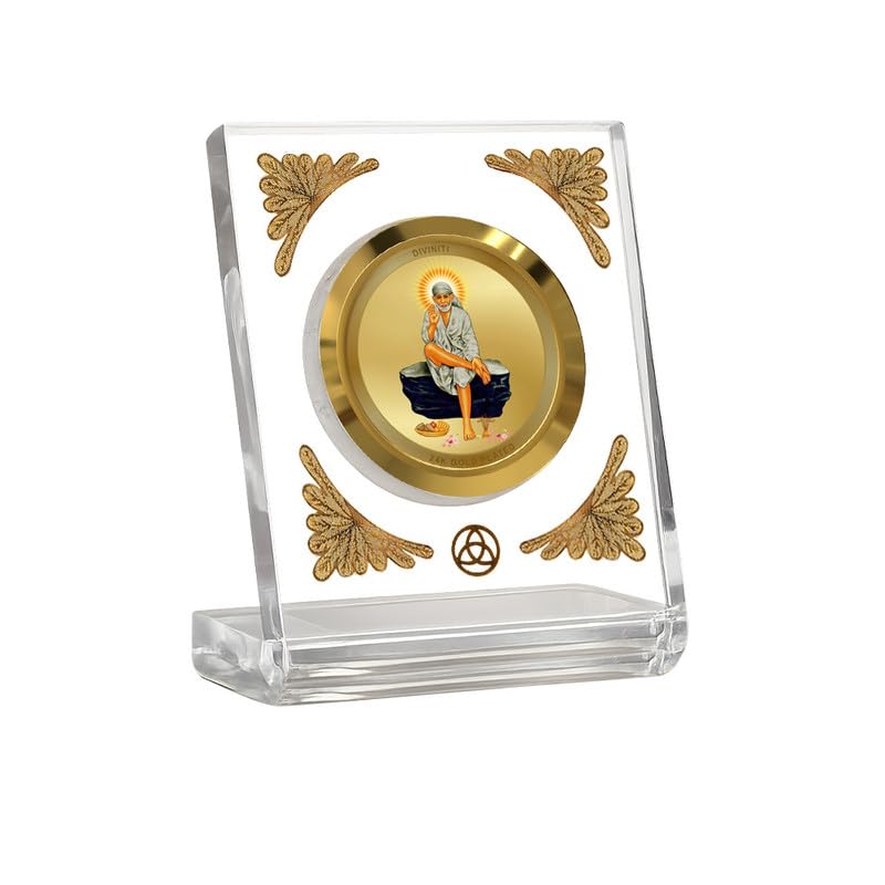 Image of DIVINITI 24K Gold Plated Sai Baba Acrylic Frame for Car Dashboard, Home Temple & Office Table | Premium Spiritual Gift, Blessings for Protection & Positivity, 8x7 cm Decorative Showpiece
