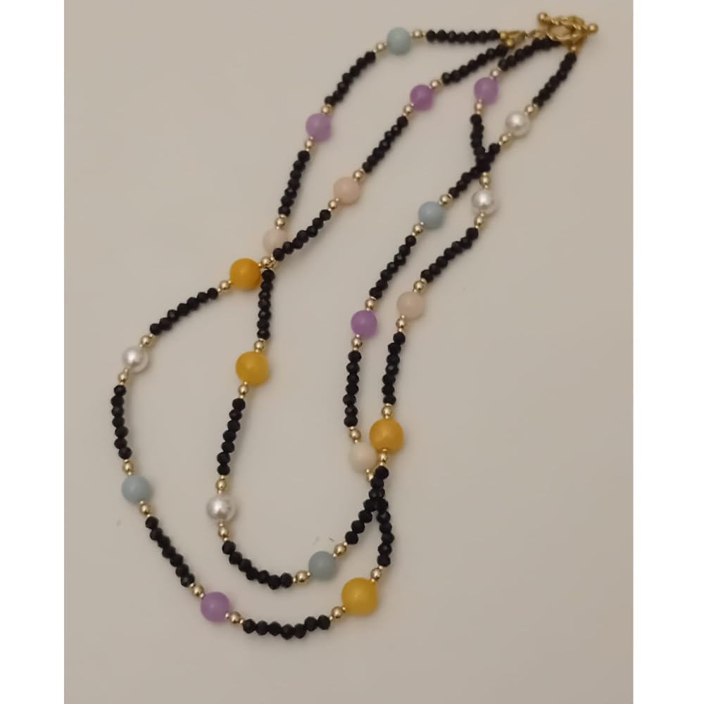 Generico Collana Donna a Doppio Filo con Cristalli Neri | Pietre Dure Multicolore | Collana Elegante con Componenti | Chiusura in Acciaio Dorato | Gioiello Donna Idea Regalo