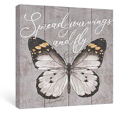 SUMGAR Inspirational Quotes Wall Art Butterfly Prints Grey Canvas Paintings Saying Pictures Rustic Motivational Framed Artwork for Bathroom Bedroom Spread Your Wings and Fly 30x30cm Cover