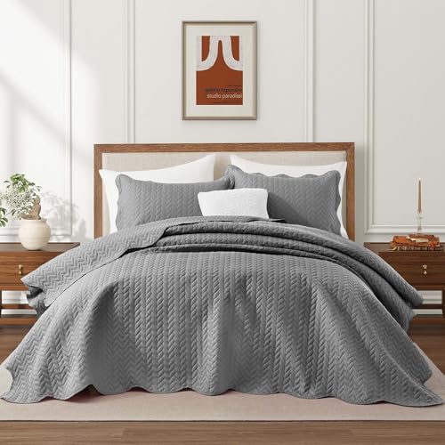 IR Imperial Rooms King Quilt Bedding Set Size (106" x 96") + 2 Pillow Shams (20" x 36"+ 2") - 3 Pcs All Season Lightweight Reversible Microfiber Coverlet Embossed Quilt Bedspread (Grey)