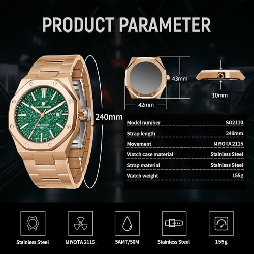 Image of Sapphero Watches for Men Analog Mens 50M Waterproof Watch Luminous Watches Quartz Date Display Men's Wrist Stainless Steel Casual Luxury Gifts for Men, Green Jade Face Rose Gold Strap