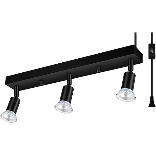Plug-in Track Lighting, LED Track Lighting Fixtures Ceiling Kit, 16" Black Plug in Wall Light with 14.8ft Cord, 3-Light Ceiling Spotlight,Rotatable Kitchen Light Head for Bedroom Hallway(GU10,NO Bulb)