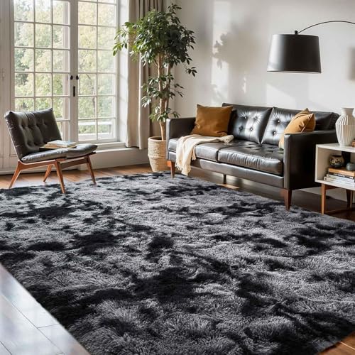5x8 Black Grey Rugs for Living Room Fluffy Area Rug, Super Fuzzy Fur Bedroom Carpet for Boys Dorm Office Nursery Modern Home Decor