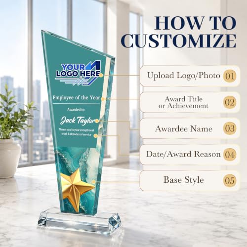 Image of Custom Crystal Trophy Award Personalized Plaque Award with Text Logo Photo Awards Trophies for Employee Recognition Team Graduation Personalized Office Gifts for Boss Coworker Teacher