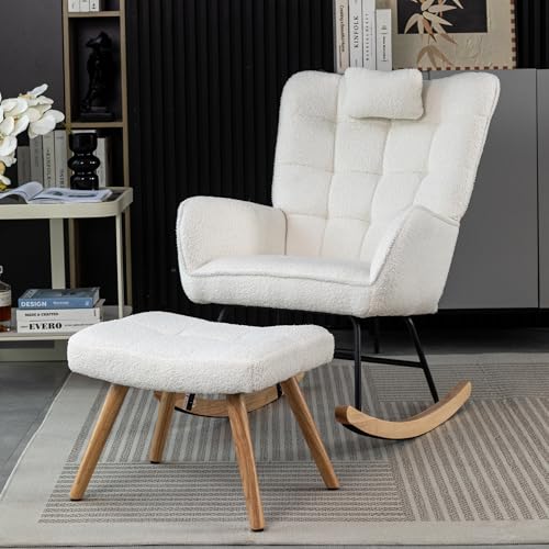 ModernLuxe Soft Rocking Chair with Footstool Comfortable Nursing Chair with Armrests Neck Pillow and Wide Backrest Solid Wood Legs Suitable for Relaxing in Living Room Patio or Yard White