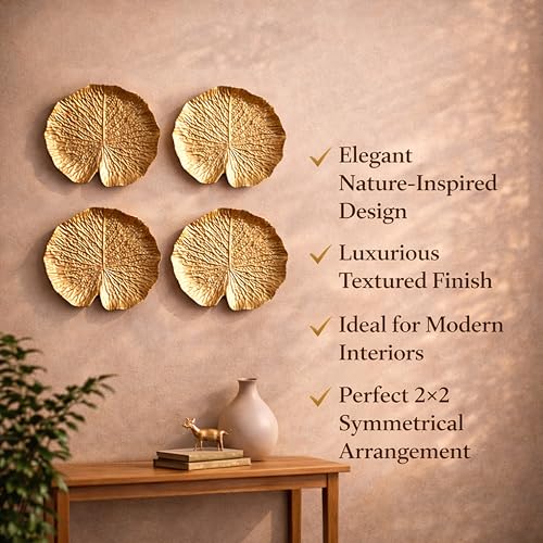 Image of Art Street Golden Lotus Leaves Tray MDF Wall Plate For Living Room, Decorative Wall Hanging Carved Decal for Home Decor (Set of 4, 7.2x7.4 Inch)