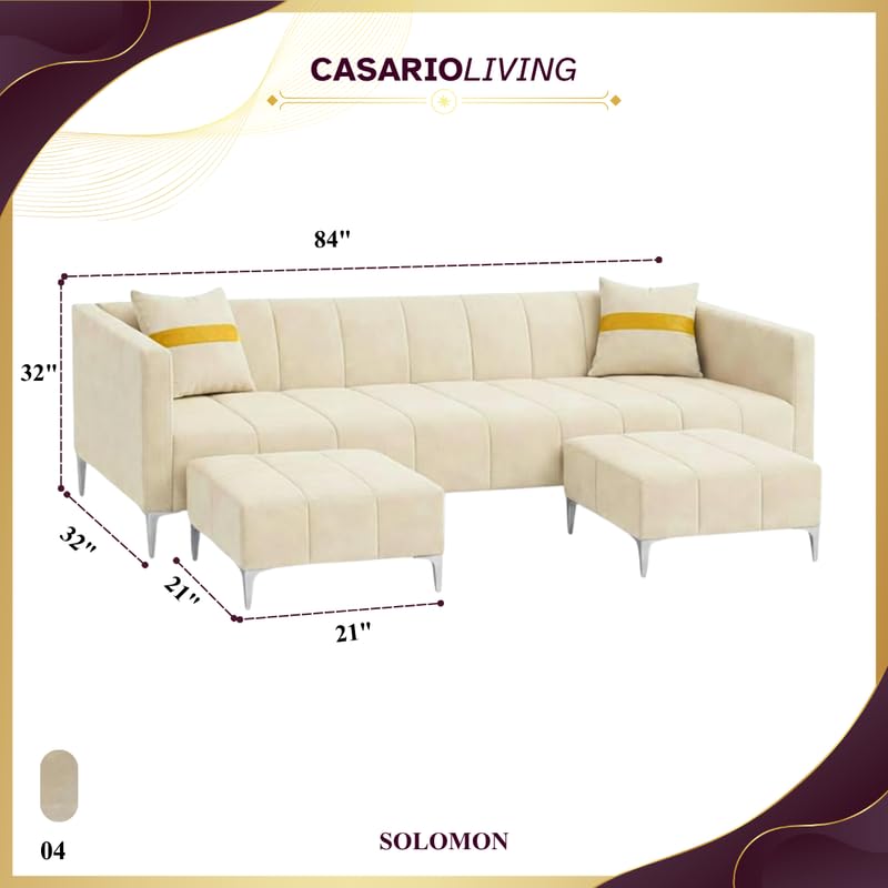 Image of Solomon 6 Seater L Shape Sofa Set with 2 Movable Ottoman | Flexible Left or Right Layout | Luxe Velvet Suede Fabric | Comfortable Seating | Modern Sofa for Living Room - Cream