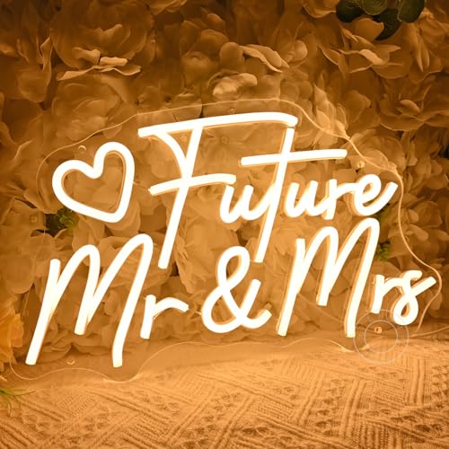 Image of SYLHOME Future Mr & Mrs Led Neon Light Sign Wedding Wall Decor Sign Banner Engagement Party Bridal Shower Light Up Sign Backdrop 15.75 inch X 9.25 inch USB Warm