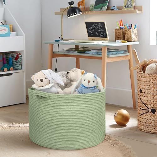 Image of MEGASKET Extra Large Green Basket, 22 inch X 22 inch X 14 inch Woven Cotton Rope Baskets for Blankets, Nursery Laundry Basket, Cute Kids Toy Storage Bin, Green Living Room Bedroom Decor Baskets for Organizing