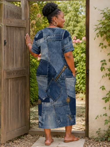 Image of Plus Size Maxi Dress for Women Short Sleeve V Neck Casual Loose Sundress with Pockets
