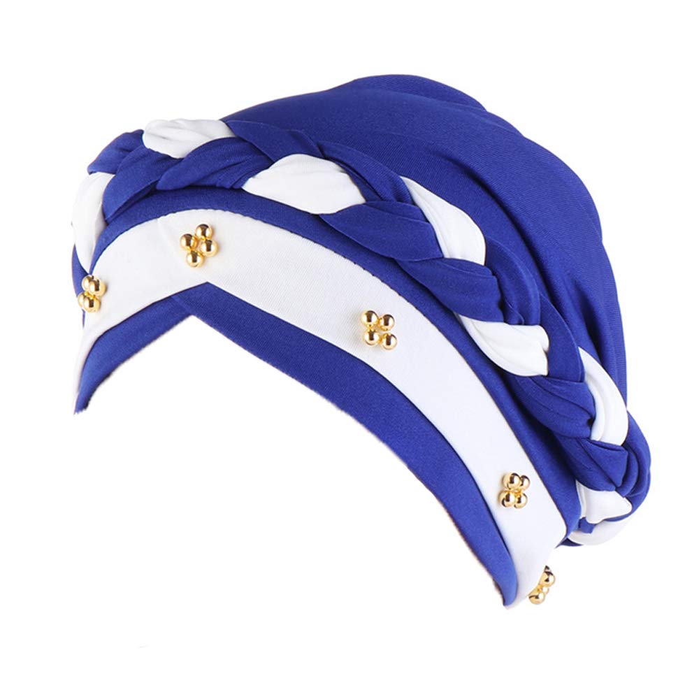Women Turban Two-Tone Pearl Twisted Beaded Double Braid Chemical Chemo Cancer Head Wrap Cap