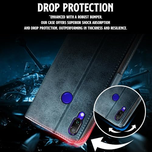 Image of WOW IMAGINE Shock Proof Flip Cover Back Case for Xiaomi Mi Redmi Note 7 | 7 Pro | 7S (Magnetic Button Flip Case | Wallet Pockets & Stand | Leather Finish | Oxford Blue)