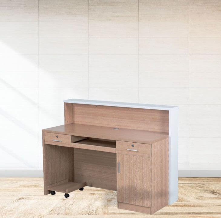 Image of Lakdi The Furniture Co Office Reception Table & Cash Counter Desk Made in Particle Board with Keyboard Tray & Wooden Cup Space & Modern Design & Stylish Look in AUR Reception Area - (SCL-433)