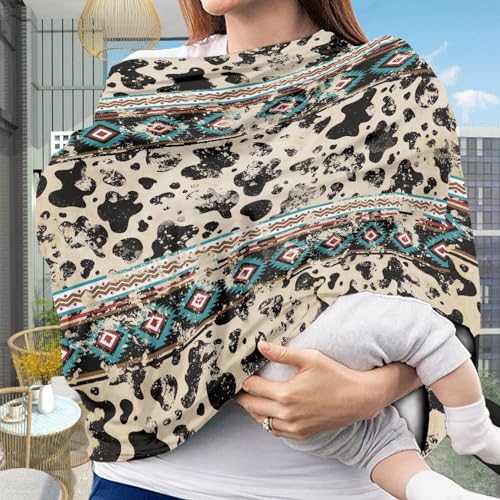 Image of Distress Cow Print Mother Privacy Nursing Cover Elastic & Cozy Breastfeeding Scarf Personalized Multi Use Infant Stroller Canopy for Family Friedns
