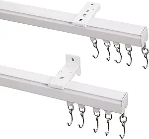 ChadMade Aluminum Ceiling Curtain Track Set with Hooks, 9ft - 12ft Adjustable Length Ceiling/Wall Mount Curtain Rail System For Grommet/Pleated Drape, RV Ceiling Track, White