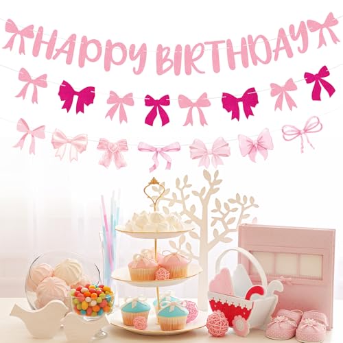 Image of Pink Coquette Birthday Banner - Sweet Bow Happy Birthday Decorations 3 Pcs Hanging Ribbon Banner Streamers Garland Decor for Girls Women Party Decoration Supplies